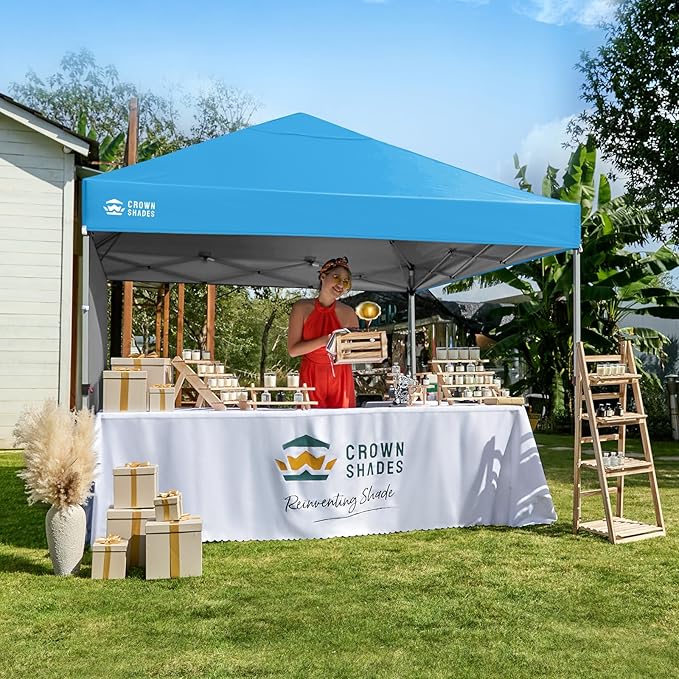 CROWN SHADES 8x8 Pop Up Canopy with 1 Side Wall - Beach Tent with One Push Setup - Outdoor Sun Shade for Events, Parties, Camping - Gazebo with STO-N-Go Cover Bag (Sky Blue)