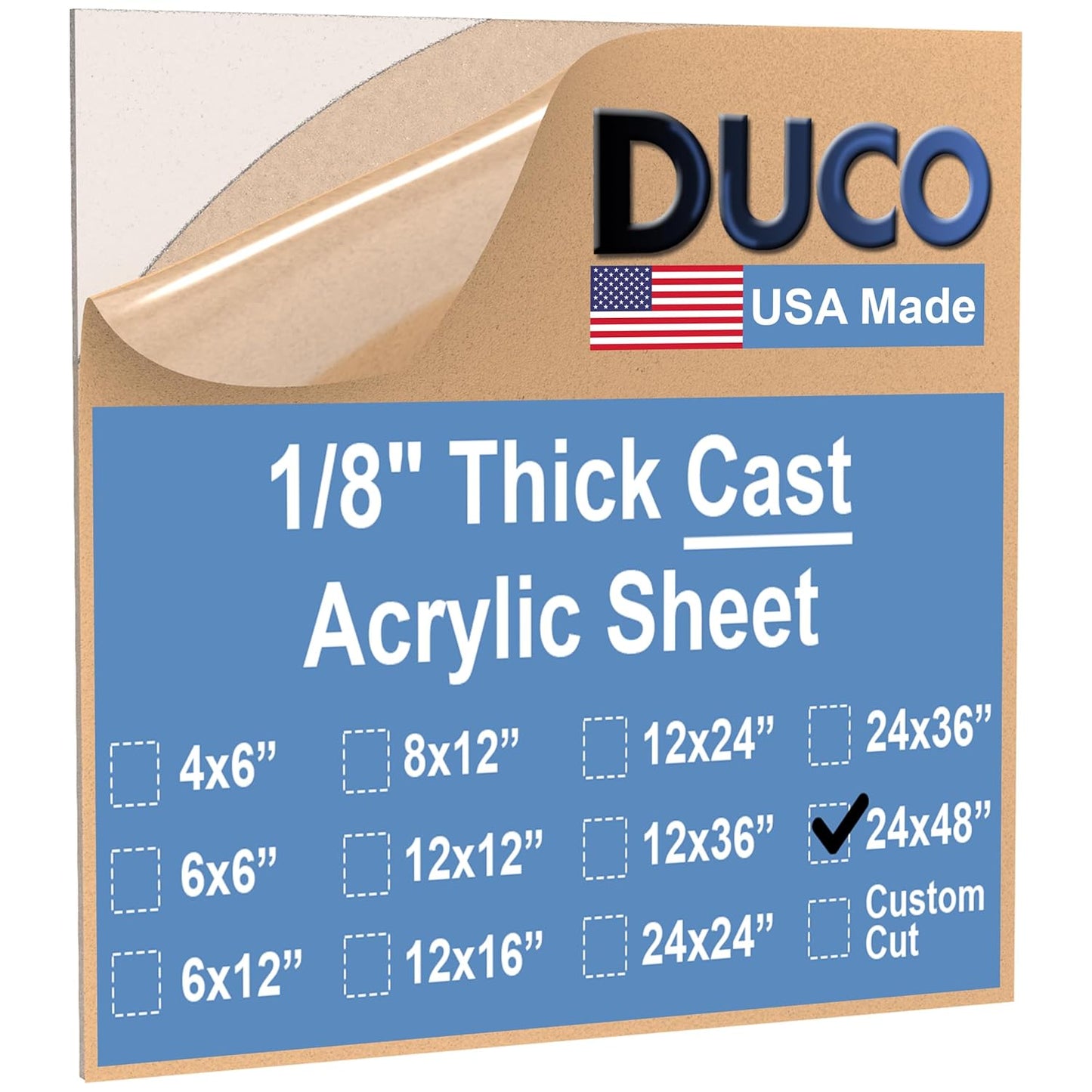 Duco USA-Made Clear Cast Acrylic Sheet 1/8 Inch Thick 24" x 48" - 1 Pack of Transparent Plexiglass Sheet - Lightweight Acrylic Board for Window Replacements, Displays, Signs, and More