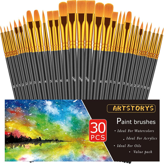 Paint Brushes Set, 30 Pcs Paint Brushes for Acrylic Painting, Oil Watercolor Acrylic Paint Brush, Artist Paintbrushes for Body Face Rock Canvas, Kids Adult Drawing Arts Crafts Supplies, Black