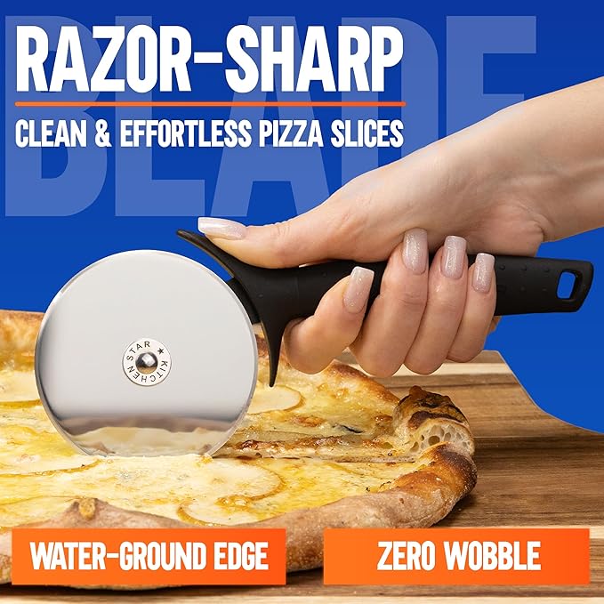 KitchenStar Pizza Cutter Wheel - 304 Stainless Steel Slicer Knife with Super Sharp Blade, Anti-Wobble Axle Mechanism, Ergonomic Non-Slip Handle & Protective Cover, Dishwasher Safe