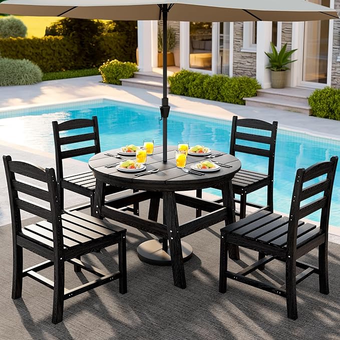 5 Piece Round Outdoor Dining Set, Relaxing HDPE Outdoor Table and Chairs with 105° Ergonomic Backrest, All-Weather Patio Table and Chairs Set with Umbrella Hole for Porch, Poolside, Black