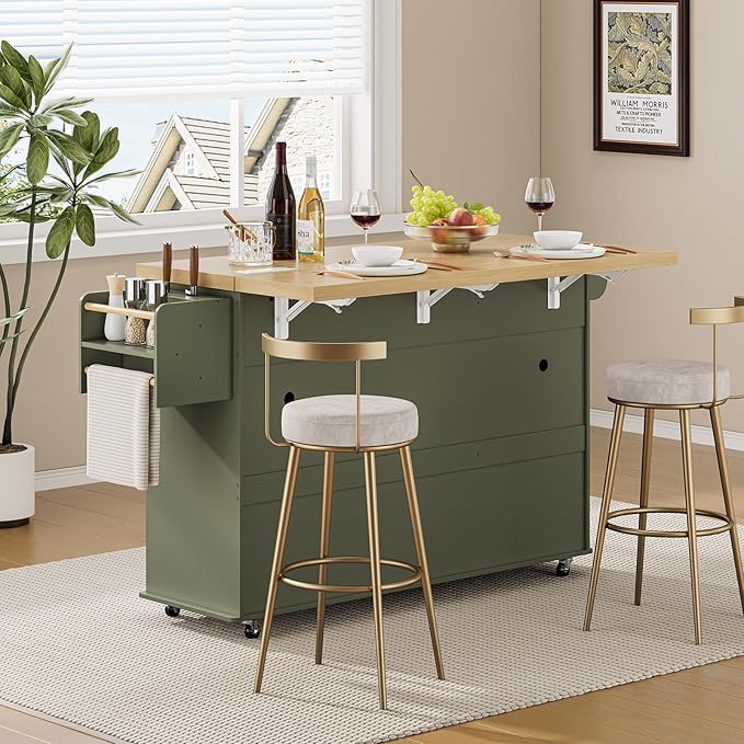 60" Kitchen Island with Power Outlet & Drop Leaf, Kitchen Rolling Island with Spice Rack & Towel Rack, Knife Holder, Kitchen Island Cart with Trash Storage Cabinet, Mobile Island Table for Kitchen