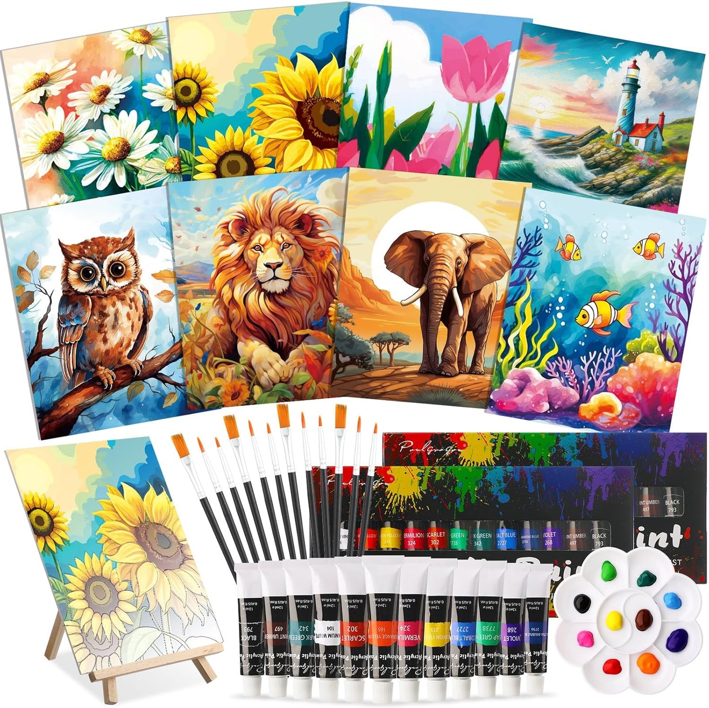 Cholemy 36 Pcs Paint and Sip Kit for Adults 8''x10'' Pre Drawn Canvas for Painting DIY Afro Acrylic Painting Kit Wood Easel Brushes Date Night Bulk for Christmas Party Gifts(Plants Animals)