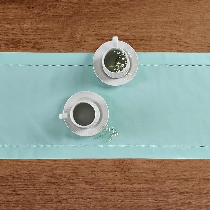 Solino Home Cotton Linen Table Runner 90 Inches Long - Hemstitch Pastel Turquoise Dining Table Runner 14 x 90 Inch for Spring, Easter