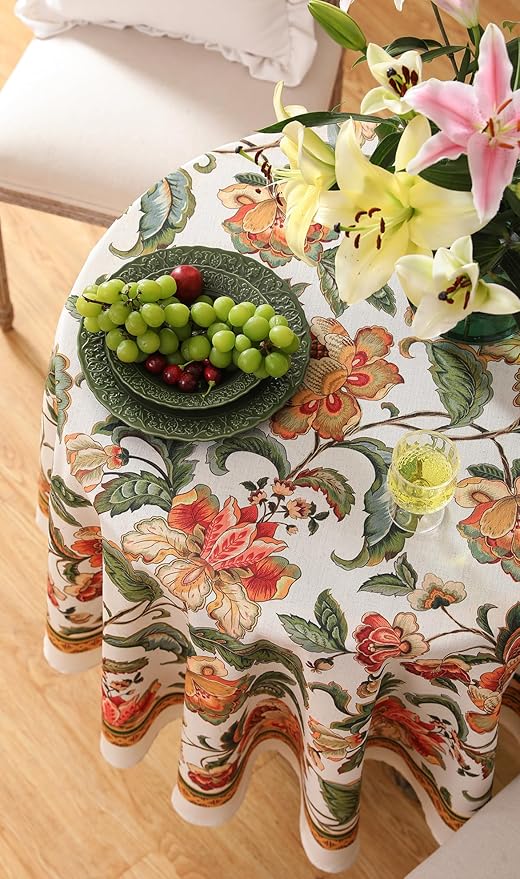 patdrea Designer Vintage Linen Round Tablecloth,Provencal Rustic Floral Pattern Tablecloths,Decorative Table Cover Cloth for Kitchen,Dining Room,Tea Party,Home,Christmas,Diameter 67"