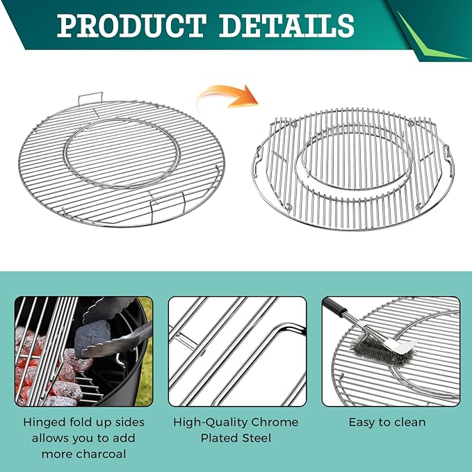 Hinged Cooking Grate for Weber 22.5 Inch Grill-8835 Gourmet BBQ System Replacement Grate Compatible with One-Touch Silver,Master-Touch,Performer & Premium Charcoal Grills,21.5x21.5 inch