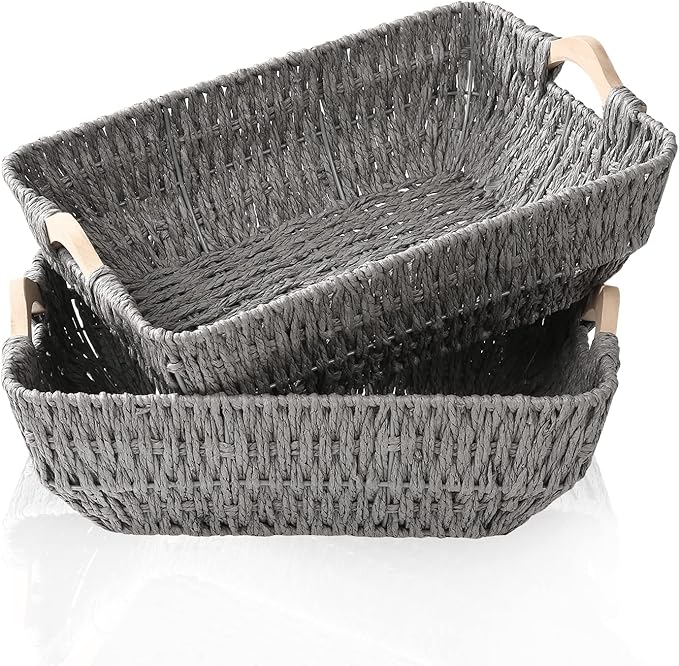 FairyHaus Wicker Baksets 2Pack 15x10x5, Recyclable & Renewable Paper Rope Wicker Storage Bakset with Solid Wood Handles, Wicker Baskets for Shelves Organizing, Grey