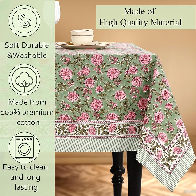 CPC Tablecloth 100% Cotton 70x118 Inch Indian Block Print Rectangle Table Cover, Table Cloth for Weddings, Spring/Summer, Barbeque - Pink Tourmaline