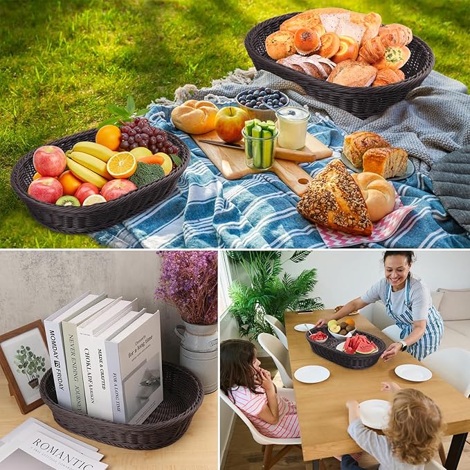 4 Pack 15.7 Inch Oval Poly Wicker Baskets, Plastic Oval Wicker Baskets, Rustic, Durable & Easy-Cleaning Wicker Bread Basket, for Home, Restaurant & Hotel Use, Coffee