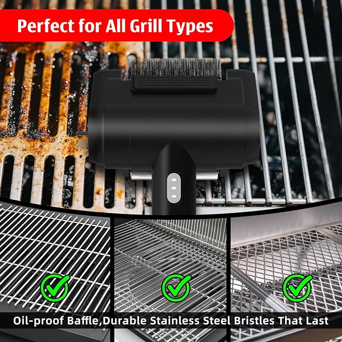 Electric Rechargeable Grill Brush,Grill Cleaner for Outdoor Grill with 800 RPM Motor - Bristle Stainless Steel Grill Cleaner with LED Light for BBQ, Heavy Duty Grill Cleaning Tool（Black）