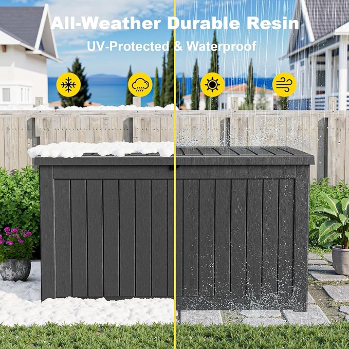 280 Gallon Waterproof Outdoor Storage Box, UV Resistant Resin Deck Box with Hydraulic Rod for Reinforced Stability, Perfect for Patio, Garden, and Pool, Striped Black
