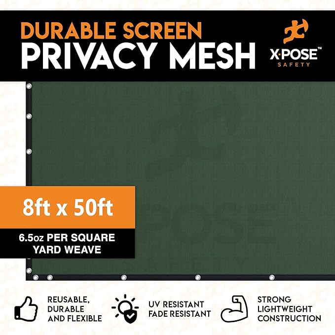 Xpose Safety Privacy Fence Screen 8’ x 50’ – Heavy Duty Green Mesh with 90% Visibility Block, UV Protection – for Garden, Yard, Nursery, Kennel, Dog Run, Greenhouse