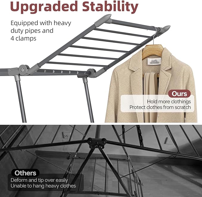 APEXCHASER Clothes Drying Rack Foldable, Large Drying Rack for Clothing Retractable, Winged Laundry Rack Folding Indoor Outdoor, Metal Clothes Airer for Bedding Towel Sweater Heavy Duty, Grey