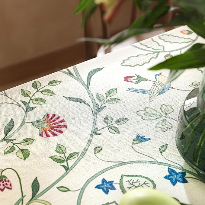 Linen Table Cloth Rectangle,Wrinkle Resistant French White and Green Tablecloth Print with Froal,Decor Stitch Table Cloth for Thanksgiving,Dining Room,Home,67" × 118"-Idaho A