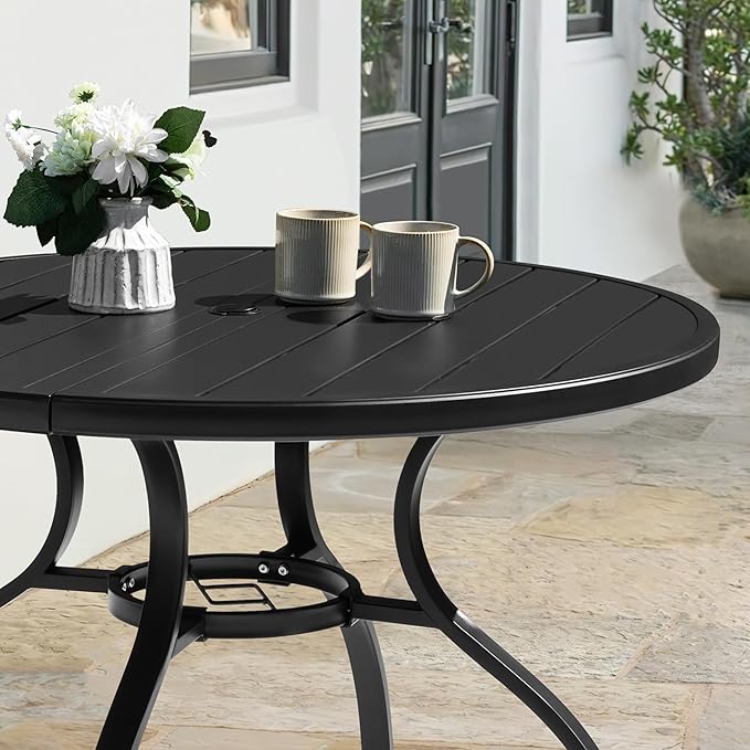 NUU GARDEN 41" Round Metal Outdoor Patio Dining Table for 4, All-Weather Slatted Outdoor Table with 1.57" Umbrella Hole and Adjustable Feet for Lawn Garden Backyard, Black