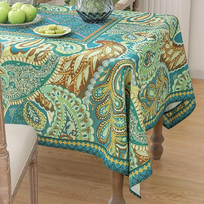 Designer Green Table Cloth Rectangle Table,Vintage Linen Wrinkle Resistant Durable Froal Tablecloth,Decor Table Cover for Home Christmas Thanksgiving Living Room Dining 55" × 79"-Milen
