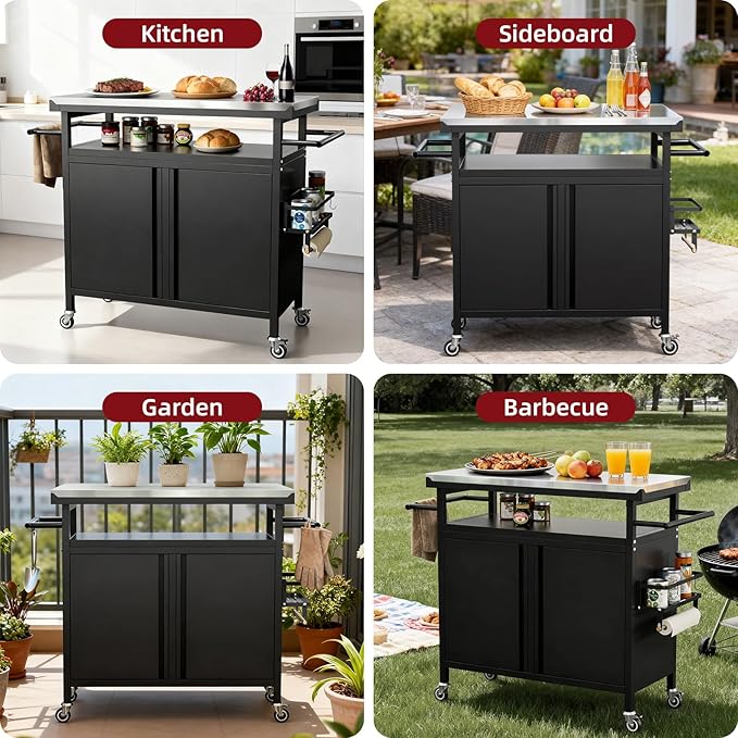 Outdoor Grill Cart Bar Cart with Storage Cabinet for Grilling Accessories, XL Portable Outdoor Grill Table with Stainless Steel Top for Kitchen Prep, Lawn & Garden（Black）
