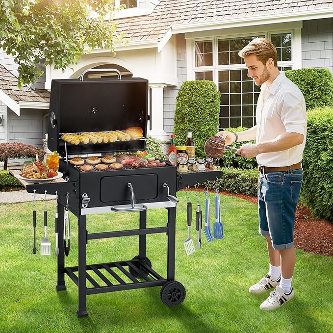 MELLCOM Small Charcoal Grill with Wood Foldable Side Table - 338 Sq.In BBQ Area with Individual Lifting Charcoal Trays & Thermometer, Movable Charcoal Barbeque Grill for Patio, Garden and Backyard