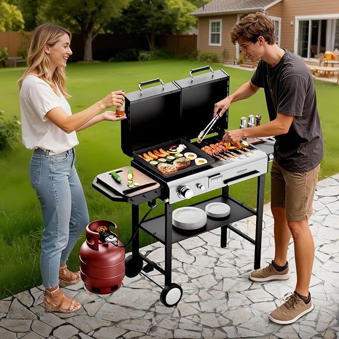 Bonnlo Propane Flat Top Griddle and Charcoal Grill Combo with Lid, Powerful 12,000 BTU Grills with Side Shelves & Foldable Legs, 4 Burners Grill with Movable Wheels for Outdoor BBQ Camping Use