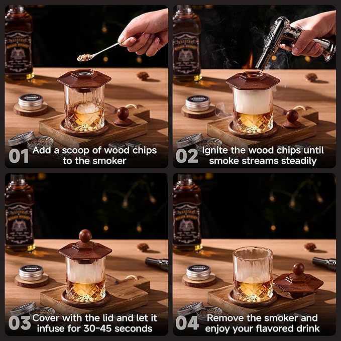 Whiskey Smoker Kit with Torch - 6 Flavors Wood Chips, Old Fashioned Cocktail Drink Smoker Kit, Birthday Bourbon White Elephant Gifts for Adults, Men, Husband, Dad, Christmas, Whiskey Lover(No Butane)