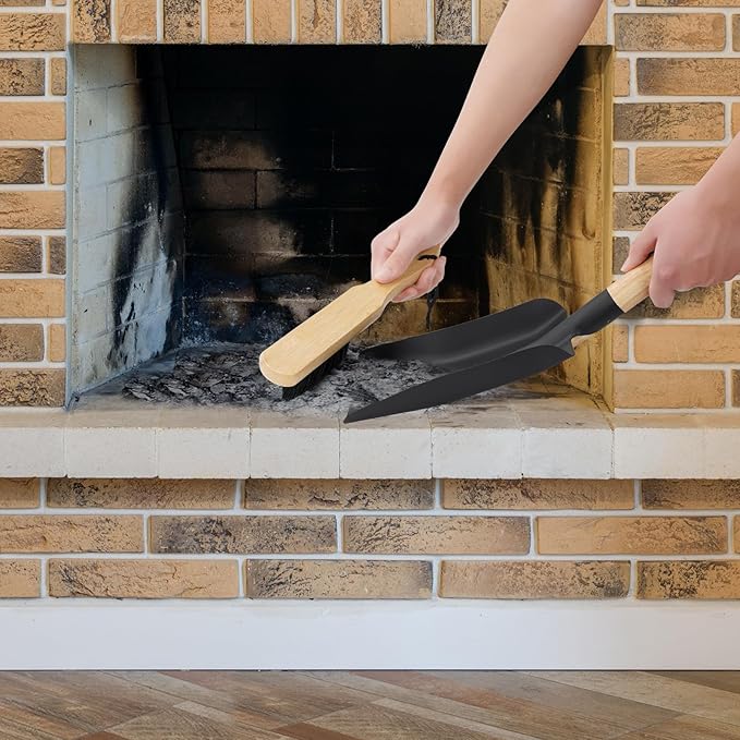 Fireplace Shovel & Brush Set, Large Ash Shovel and Hearth Brush with Wooden Handle, Fireplace Tools Set, Metal Brush Pan Set, Fireplace Tools, Firepit Tools, Fire Pit Accessories for Outside