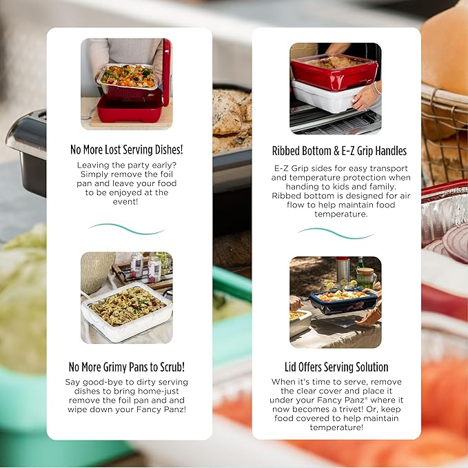 Fancy Panz - Navy Classic Aluminum Foil Pan Carrier with Lid - Elevated Food Serving Tray - Portable Casserole Carrier with Lid - Made in The USA Hosting Essentials