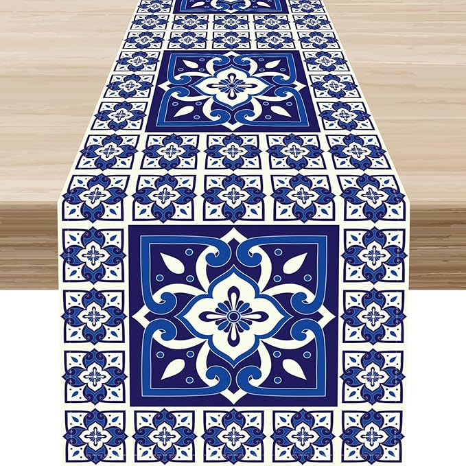 Mexican Table Runner, Blue Floral Birds Mexico Talavera Tiles Ceramic Dia De Los Muertos Coffee Table Center Decor for Family Kitchen and Dining Farmhouse Indoor Outdoor Table Decorations, 13"x72"