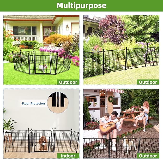 ADAVIN 32 in(H) Garden Fence with Low Threshold Door,14 Panels Total 31Ft(L) Dog Fences for The Yard, Outdoor or Indoor Dog Playpen, Black Metal Garden Fencing Animal Barrier