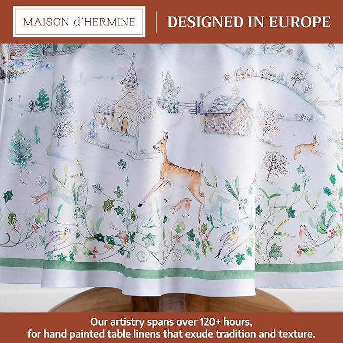 Maison d' Hermine Table Cloth Round Table 100% Cotton 63 Inches Fall Tablecloth Reusable Everyday Use for Thanksgiving Christmas Decorations Dining Farmhouse Party (Snowy World)