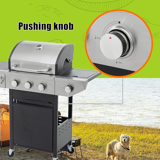 Zateety 3 Burner Propane Grill - 40,500 BTU Gas Grill with Side Burner, Stainless Steel with Iron Cast Grates for Outdoor Cooking, Patio, Camping BBQ, Garden Barbecue Grill, Black and Silver