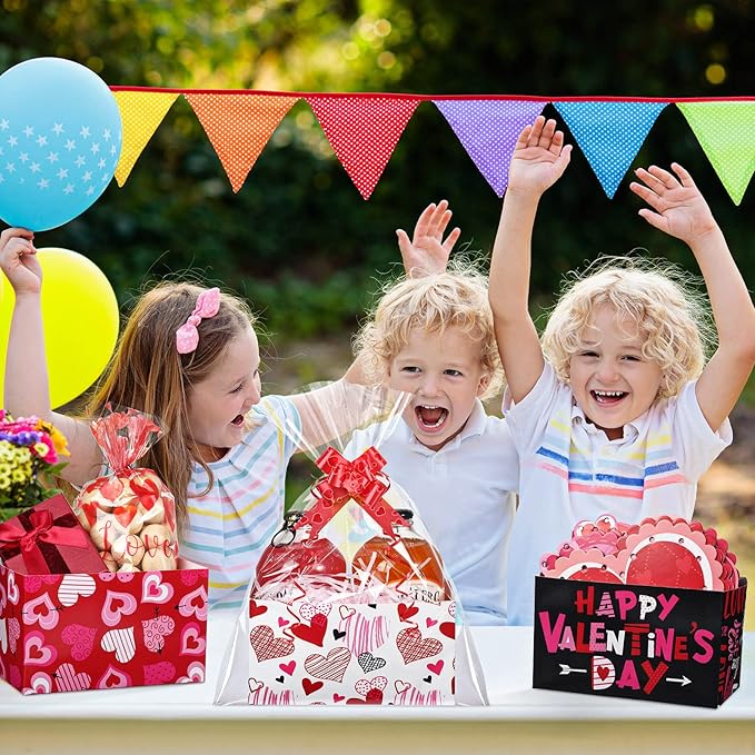 Tatuo 120 Pcs Valentines Day Baskets Gifts Empty Set Includes Valentines Empty Market Tray Cardboard Basket Clear Cellophane Bags Gift Tags Pull Bows for Wedding Holiday Birthday Party Supplies