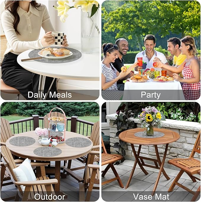 Homaxy Round Faux Leather Placemats and Coasters, Washable Dual-Side Table Mats, Wipeable Heat-Resistant Dining Place Mats for Outdoor and Indoor, Set of 6, Diameter 13 and 3.93 inch, Light Grey