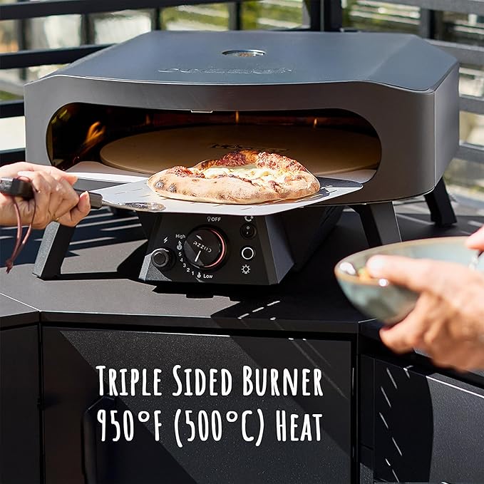 17" Gas Pizza Oven with Rotating Pizza Stone for Easy Restaurant-Style Pizza at Home – Triple Burner, Built-In Thermometer, Fast 15-Min Preheat, Portable Outdoor Pizza Oven