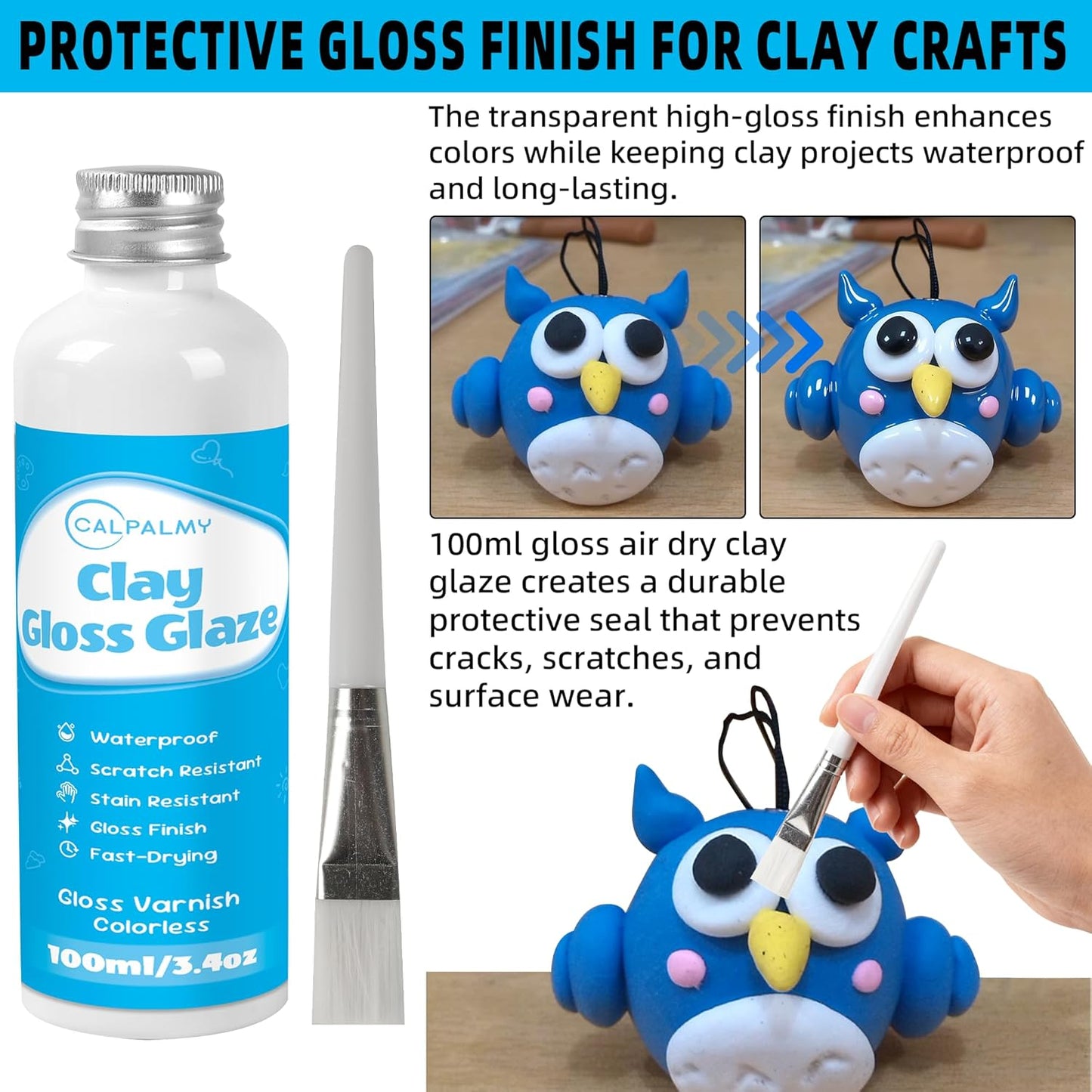 CALPALMY 100ml Gloss Air Dry Clay Glaze with 29pcs Clay Tools Kit – Clay Varnish Sealant for Surface Protection, Pottery and Sculpting Tools for Carving, Shaping, and Molding Crafts