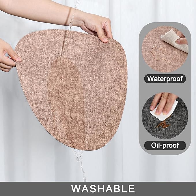 Placemats and Coasters, Washable Reversible Placemats Round Faux Leather Wipeable Place Mats Non Slip Heat Resistant Indoor Outdoor Table Mats (Set of 6, Gray Pink)