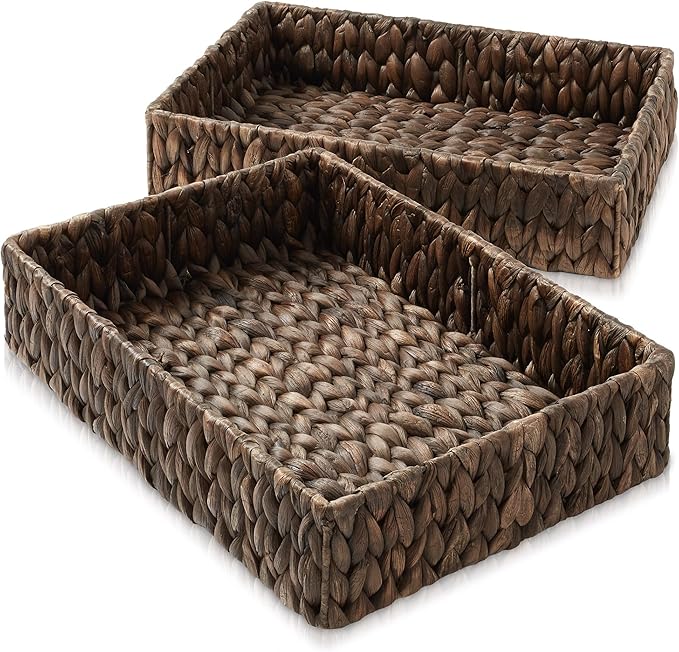 Casafield Set of 2 Bathroom Storage Baskets, Espresso - Water Hyacinth, 15.75" W x 11.25" D x 3.25" H, Woven Toilet Tank Topper Bins for Organizing Tissues, Toilet Paper, Toiletries, Shelves
