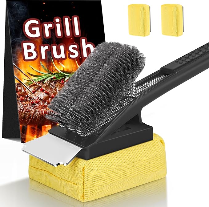 BBQ Grill Brush with Scraper-Removable BBQ Clearning Brush Head with Wire Bristles Brush & 2 Steam Brush-Black Grill Cleaner Brush Accessories for Gas/Charcoal Grilling Grates-Gifts for Grill Men