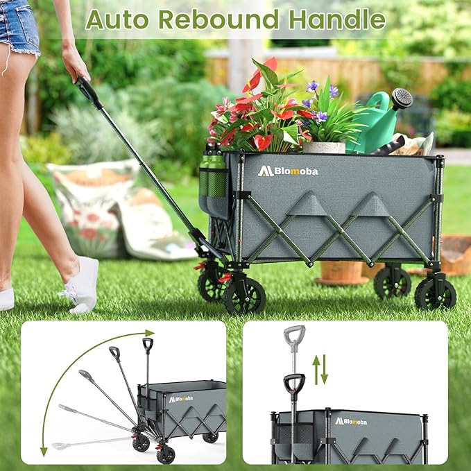 Collapsible Wagon Cart, 150L Heavy Duty Foldable Beach Wagon with Wider Wheels & Auto-Rebound Handle, Utility Grocery Shopping Cart for Garden, Shopping, Camping, Sports, Gray