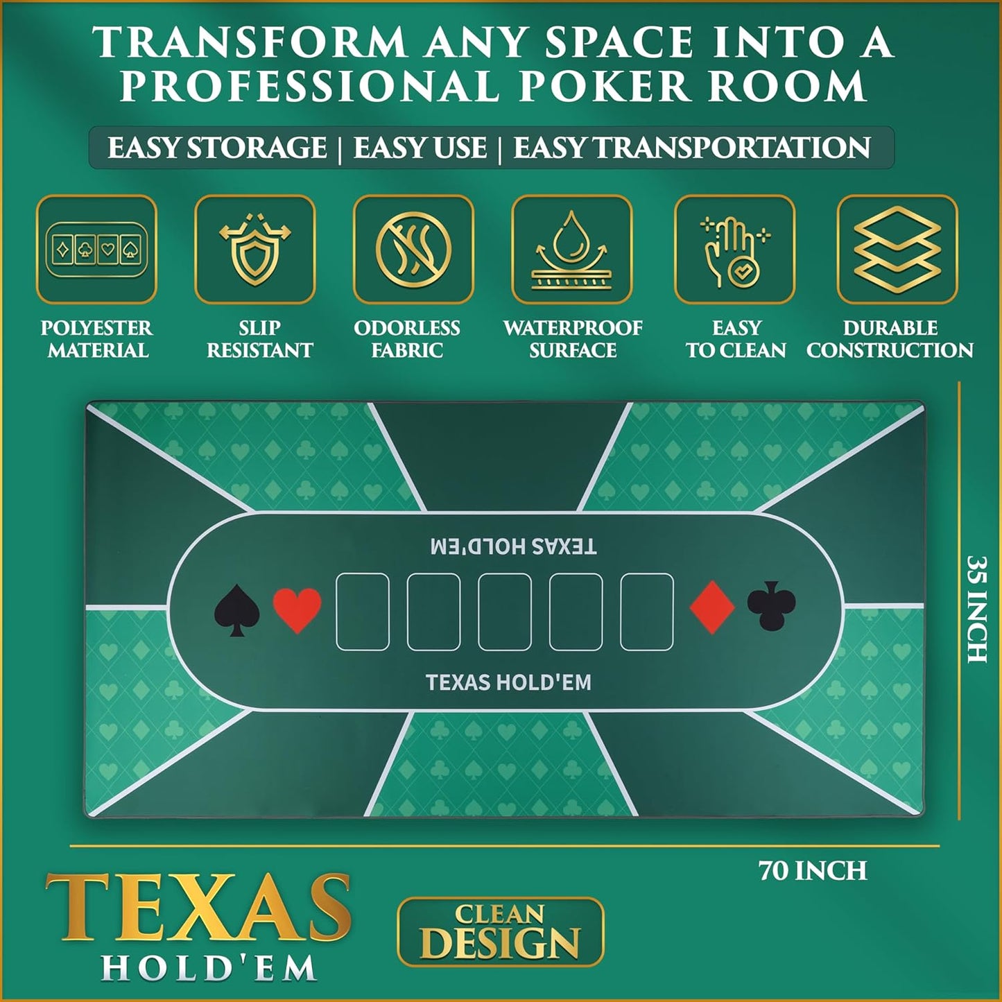 Poker Table Top - Foldable 70" x 35" Texas Hold'em Poker Mat with Non-Slip Backing and Zipper Carrying Bag - Waterproof and Portable Casino Table Topper Card Mat for Home Game Nights Up to 10 Players