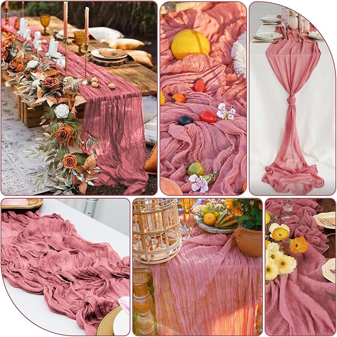 20 Packs Cheesecloth Table Runner 10FT Long Boho Gauze Fabric Table Runner Vintage Rustic Sheer Runners for Wedding Party Bridal Baby Shower Table Decorations (Dusty Rose )