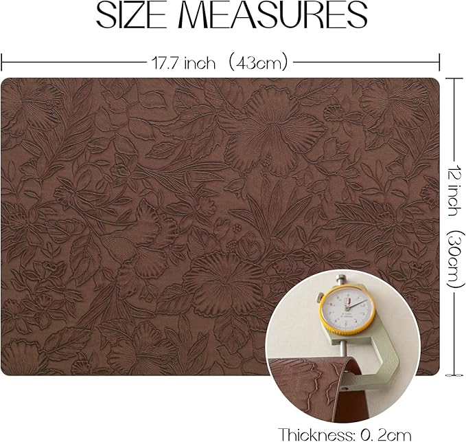 Romanstile Vinyl Placemats Set of 8-12 X 18 Inch - Heat Resistant Non-Slip Embossed Floral Place Mats 100% Waterproof Oilproof Wipeable Faux Leather Table Mats for Kitchen/Dining/Party, Brown