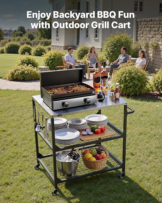 VEVOR Outdoor Grill Cart, 31.5 x 24.0 inch Stainless Steel Tabletop Size Grilling Table, Outdoor Cooking Table with 4 Wheels & Side Handle, Two Mesh Shelves, BBQ Prep Tables for Patio, Garden