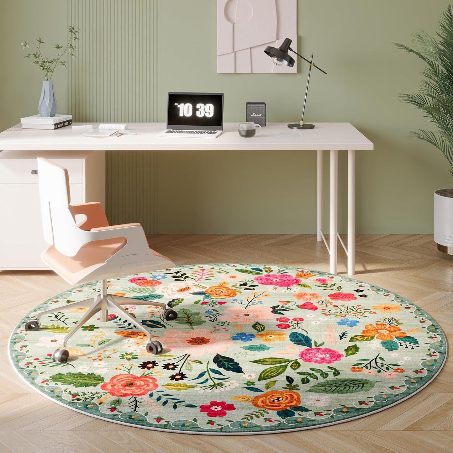 Rugcomf Round Rug 6ft Washable Circle Rug Non Slip Low Pile Boho Floral Small Circular Rug for Bedroom, Bathroom, Entryway, Kids Room, Office, College Dorm(Green)