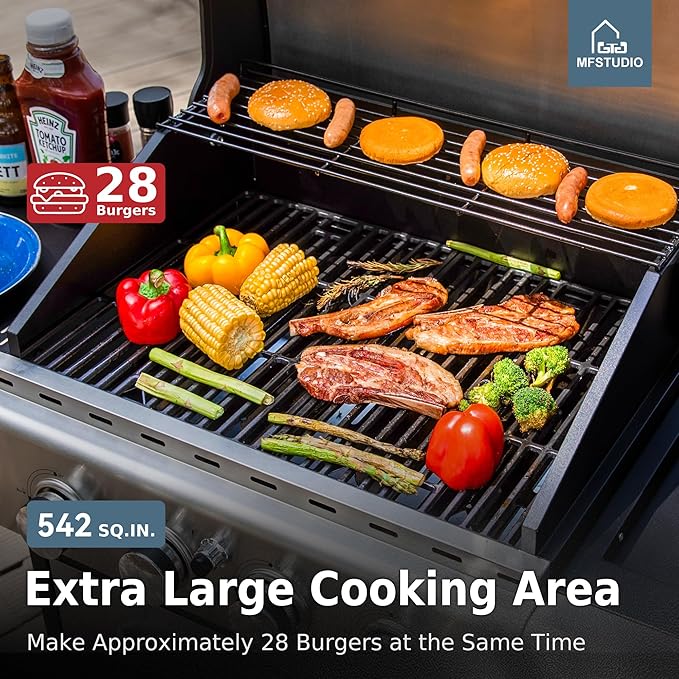 MFSTUDIO 4-Burner BBQ Propane Grill with Searing Side Burner, Porcelain-Enameled Cast Iron Grates,Thicker and taller lid, Stainless Steel Gas Grills for Outdoor and Patio Barbecue Cooking
