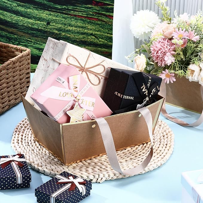 Tuanse 30 Pcs Basket for Gift Empty DIY Bulk Gift Basket Kit with Handle Kraft Cardboard Tray with 30 Bag 30 Bow Market Tray for Wedding Party(Brown Gold,9.8 x 6.7 x 4.3 in)