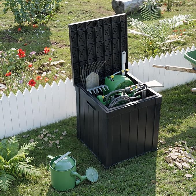 EasyUp 50 Gallon Outdoor Storage Box, Resin Waterproof UV-Resistant Deck Box, Reinforced Stability for Patio, Garden, and Poolside, Striped Black