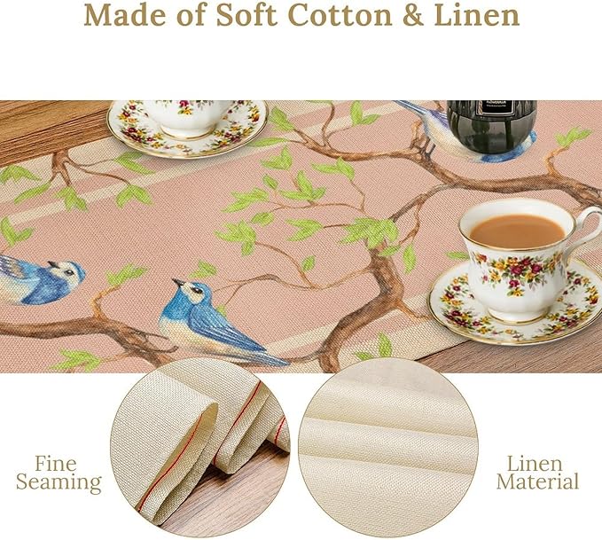 Watercolor Birds Table Runner,Spring Blue Bird Green Tree Table Runner for Kitchen Dining Table Holiday Farmhouse Home Party Decor 13x90in