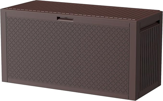 ZYJOYY 90 Gallon Resin Deck Box, Weatherproof Outdoor Storage Box for Patio, Garden, Pool, and Yard, Lockable Waterproof Bin for Tools, Cushions, and Accessories, Brown