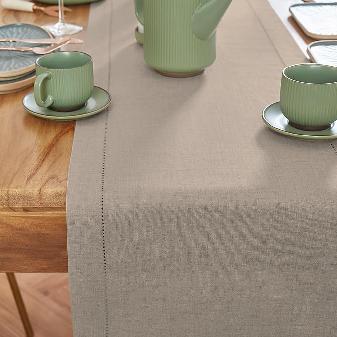 Solino Home Linen Table Runner 120 Inches Long - 100% Pure Linen Natural Table Runner 14 x 120 Inch for Spring, Easter - Medium Weight Hemstitch