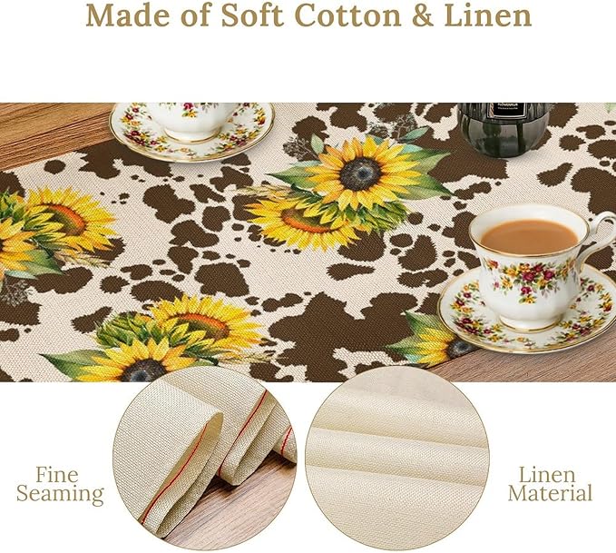 Cow Print Table Runner, Brown Sunflower Cow Print Animal Fur Skin Rustic Cowhide Pattern Table Runner for Kitchen Farmhouse Dining Home Outdoor 13x60in